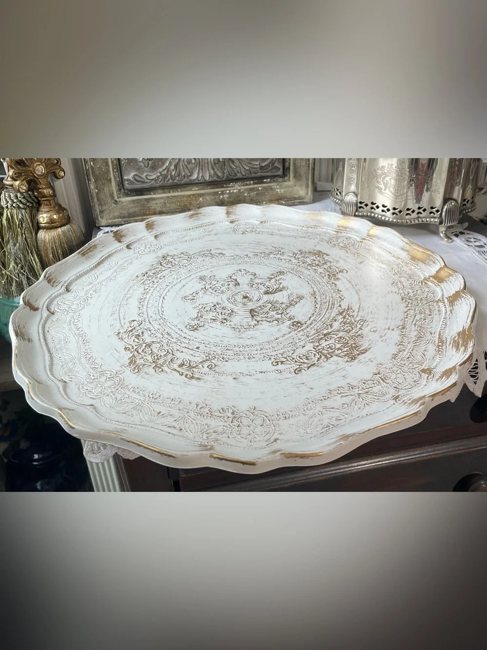 Florentine style tray white gold round serving tray